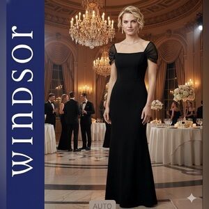 Windsor Jet Black Maxi Flair Dress Mesh Sleeve Lined Bodice Size Small